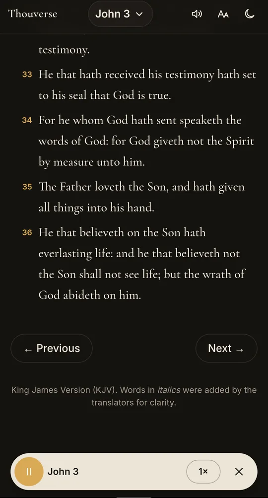Thouverse Bible reader playing John chapter 3 aloud